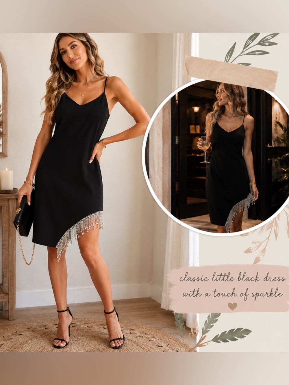 Justify Black Asymmetrical Slip Dress with Beaded Fringe